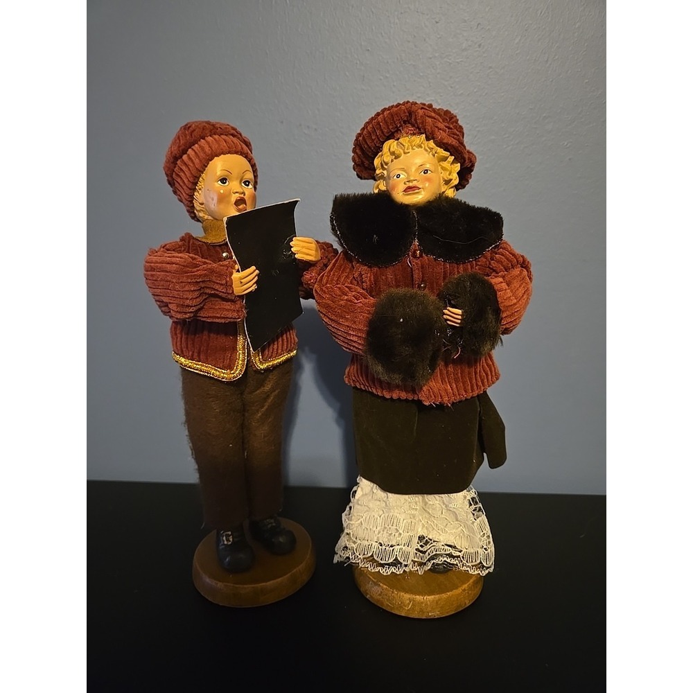 Vintage Christmas Carolers  9" Figurines Set of 2 with Wood Base Corduroy Clothe